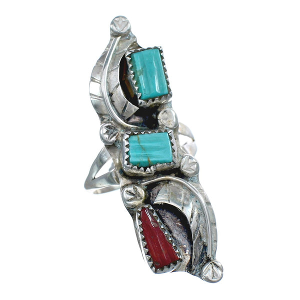 Sterling Silver Zuni Turquoise Coral Leaf Design Ring Size 5-3/4 JX130523